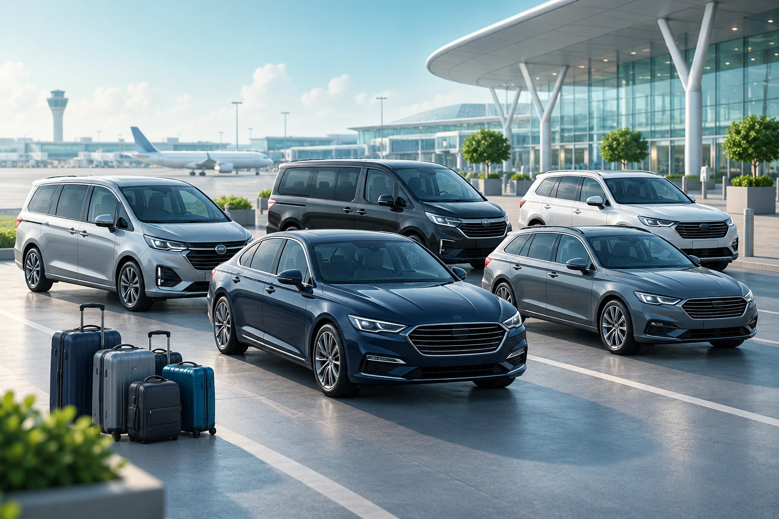 Illustration of airport transfer vehicles, luggage and a passenger terminal