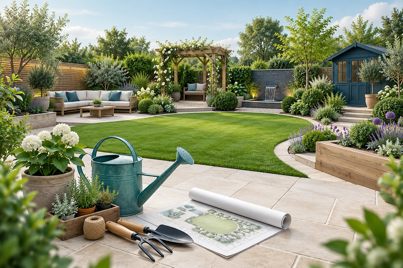 Illustration of a landscaped garden with planting, paving and garden tools