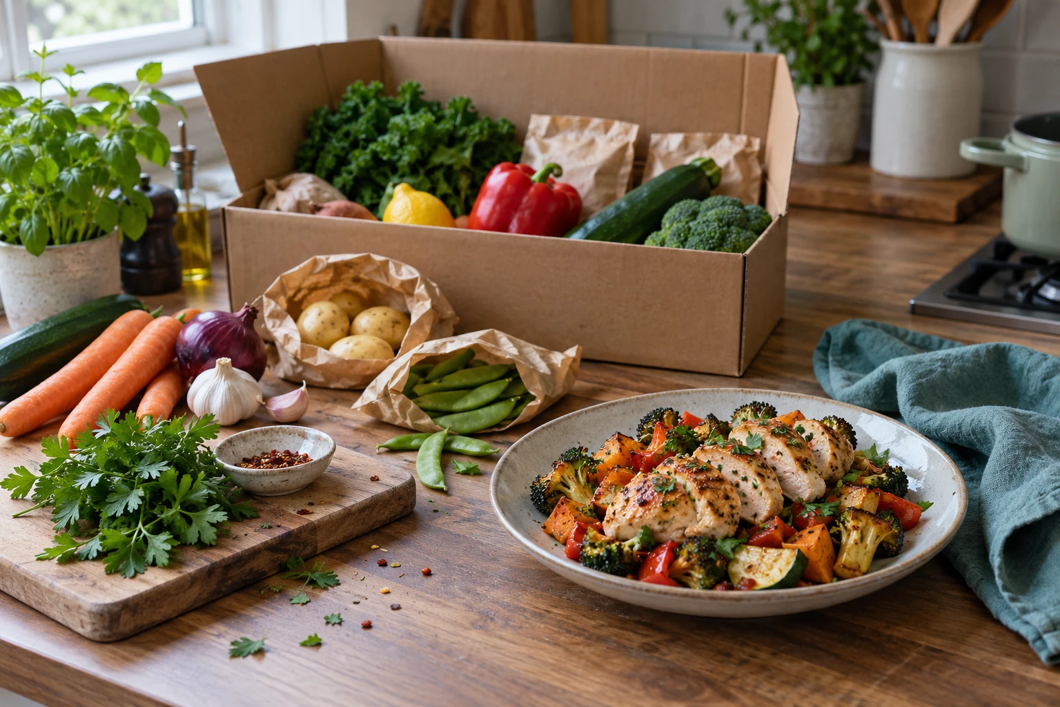 Illustrative meal kit ingredients and a freshly cooked dinner in a home kitchen
